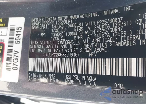 2008 Toyota Sienna Limited from USA, damaged, VIN 5TDBK22C68S016167